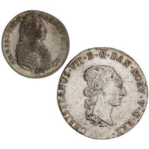 Christian VII, Altona, speciedaler 1789, H 39D. Christian VI, 24 skilling 1732, H 6B. Begge med monteringsspor