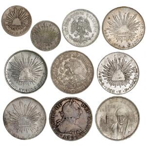 Mexico, 10 mønter, 1777 - 1953, alle sølv.
