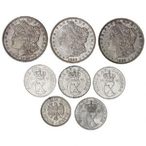 Lille lot USA, dollar 1885 O 3 stk., KM 110, Tyskland, 2 mark1951 J, KM 111, Danmark, 5 øre 1941 4 stk., H 31, i alt 8 stk.