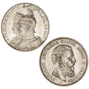 Tyskland, Preussen, 5 mark 1888, 1901, KM 512, 526, i alt 2 stk., begge pæne