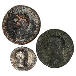 Romerske kejserdømme, 3 mønter fra Tiberius Divus Augustus, Claudius og Trajan