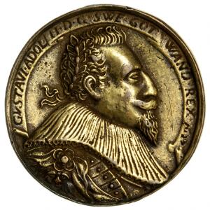 Sverige, Gustav II Adolf, Kongen og Maria Eleonora von Brandenburg, ældre forgyldt støbt medaille 1627, den svenske deltagelse i 30 årskrigen, 41,5 mm, 20,1 g.