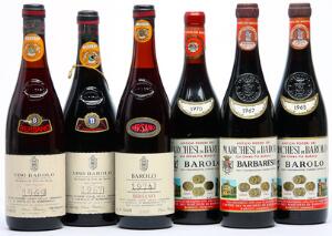 1 bt. Barolo, Marchesi di Barolo 1965 A hfin.  etc. Total 6 bts.