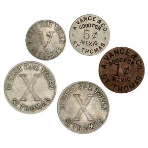 Dansk Vestindien, Privatmønter, Russel, Bros, 5 cents 1888, 10 cents 1888 2 stk., A. Vance  Co, 1, 5 cents u. år, Sieg 46, 48, 61, 62, i alt 5 stk.