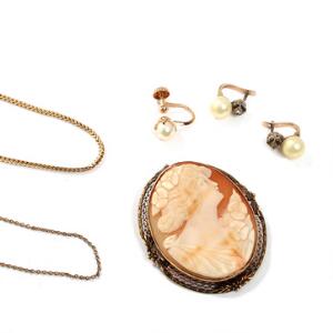 Camébrochevedhæng af 14 kt. guld, enkelt kulturperleøreskrue af 14 kt. guld, to kæder af 8 kt. guld. Et par ørestikker medfølger. 6
