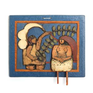 Niels Helledie Bebudelsen. Usigneret. Relief af keramik og træ. 43,5 x 53.