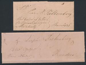 1849-1852. 2 små breve fra Aarhus og Tvilumgaard adresseret til Falkenberg i Randers. Fuldt indhold transcription vedlagt