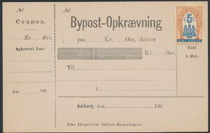 Aalborg Bypost. 1884. Ubrugt Bypost-Opkrævnings kort påsat 5 øre, brunblå
