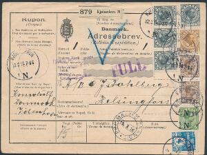 1913. Adressekort med i alt 959 øre for pakke fra København 12.2.16 til Helsingfors. Meget dekorativt