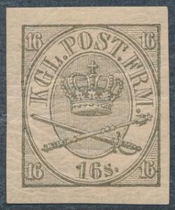 1864. 16 sk. oliven. UTAKKET. AFA 4500. Attest Nielsen.