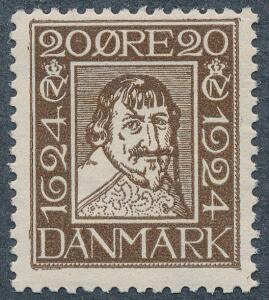 1924. Postjub. 20 øre Chr. IV, brun. Variant streg i panden. Postfrisk. AFA 1500. Udtalelse Nielsen.