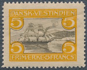1905. St. Thomas Havn. 5 Fr. gulbrun. OMVENDT VANDMÆRKE. Smukt centreret postfrisk mærke. AFA 4400