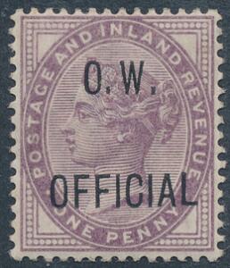 England. O. W. OFFICIAL. 1896. Victoria. 1 d. lilla. Fint ubrugt mærke med minimalt hængselspor. SG £ 475