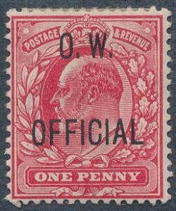 England. O. W. OFFICIAL. 1902. Edward. 1 d. rød. Fint ubrugt mærke. SG £ 550
