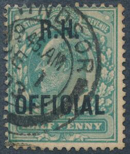 England. R. H. OFFICIAL. 1902. Edward. 12 d. grøn. Fint stemplet mærke. SG £ 200