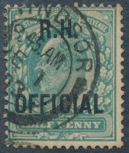 England. R. H. OFFICIAL. 1902. Edward. 12 d. grøn. Fint stemplet mærke. SG £ 200