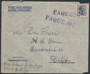 1918. Chr. X, 40 øre lillagrå. Single på SKIBS-brev til HOLLAND, annulleret med violet liniestempel PAQUEBOT.