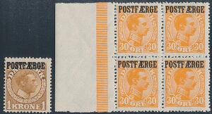 1919-1922. Chr.X. 30 øre, orange i postfrisk samt 1 kr. gulbrun med minimalt lille hængselspor. AFA 2400