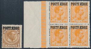 1919-1922. Chr.X. 30 øre, orange i postfrisk samt 1 kr. gulbrun med minimalt lille hængselspor. AFA 2400