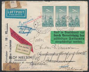 1934. Luftpost 20 øre, blågrøn. 3-stribe på brev fra Horsens 21.7.1940 til Kiel. Tysk censur, stemplet KASSEBREV og først returneret fra Kiel 9.11.49