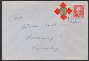 1942. 20 øre rød, Chr. X. Single på brev til Vordingborg med påklæbet National-mærkat både på for- og bagsiden.