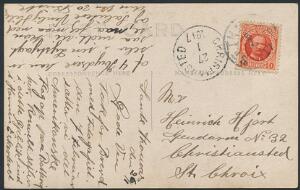1907. Fr.VIII. 10 Bit, rød. Brugt på postkort til ST. CROIX, stemplet ST. THOMAS 26.1.17. Sendt af Gendarm til ven, hvor han omtaler Præs. Roosevelt besøg