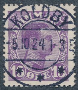 1913. Chr, X, 15 øre, lilla. LUXUS-stempel KOLDBY 5.10.24.