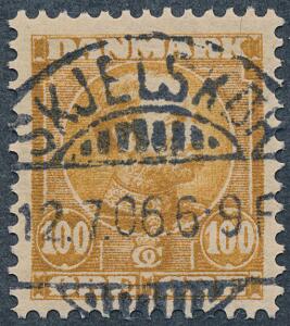 1905. Chr. IX, 100 øre gulbrun. Retvendt PRAGT-stempel SKJELSKØR 12.7.06. Et sjældent mærke i denne kvalitet