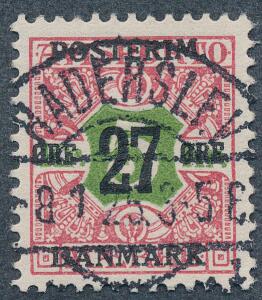 1918. 27 øre5 kr. rødgrøn. PRAGT-stemplet.