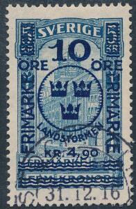 1916. Landstorm II. 10 öre  4,905 kr. blå. Flot mærke med perfekt centrering og pænt stemplet STOCKHOLM 31.12.16. Facit 3000