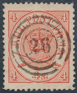 1864. 4 sk. rød. PRAGT-mærke, med perfekt nr.stempel 26.