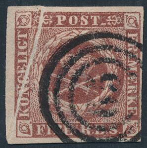 1852. 4 RBS Thiele I, Pl. I pos. 5. Med STOR PAPIRFOLD. Annulleret med nr.stpl. 65.