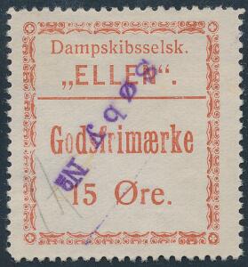 DAMPSKIBSSELSKABET ELLEN. 1915. Godsfrimærke, 15 Øre, rød. Annulleret med violet liniestempel Søby Nr.