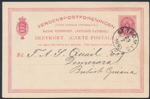1890. 3 cents, helsags brevkort. Sendt fra ST. THOMAS 29.7.1890 til Britisk Guiana