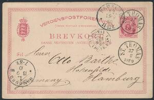 1880. 3 cents helsags brevkort, sendt fra ST. THOMAS 27.8.1880 til Hamburg. Fransk ottekant-stempel St. Thomas Paq.Fr.B.. DAKA 1500