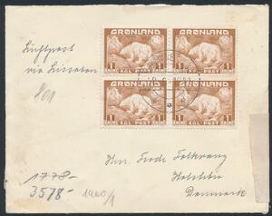 1938. Isbjørn, 1 kr. gulbrun. Fireblok på censureret brev fra Julianehaab 8.6.41 til Holstebro