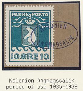 1937. Schultz, 10 øre, grønblå. Lille ovalstempel KOLONIEN ANGMAGSALIK. LUX-kvalitet