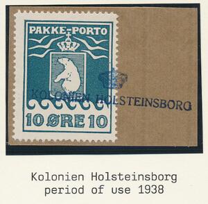 1937. Schultz, 10 øre, grønblå. Liniestempel KOLONIEN HOLSTEINSBORG. LUX-kvalitet