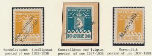 1915-1930. 10 øre, grønblå og 1 kr. orange. 3 mærker med udsøgte annulleringer