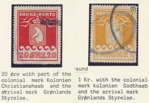 1915-1930. 20 øre, rød og 1 kr. orange. Begge DOBBELTANNULLERET
