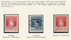 1915. 10 øre, grønblå og 20 øre, rød. 3 mærker fra udstillingssamling med bedre stempler