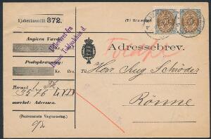 1895. 16 øre, gråbrun, tk 12, omv. rm. Parstykke på adressebrev til RØNNE. Brevet er afbildet i SKILLING, POSTSTEMPLER FRA BORNHOLM.