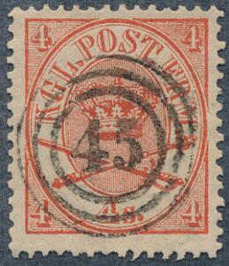 1864. 4 sk. rød. PRAGT-mærke med nr.stempel 45.
