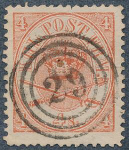 1864. 4 sk. rød. PRAGT-mærke med nr.stempel 29.