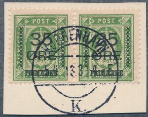 1912. 3532 øre, grøn. Smukt parstykke på lille brevklip, annulleret med retvendt stempel KJØBENHAVN 5.4.13. AFA 1600