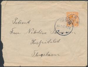 1919. Chr. X, 7 øre, orange. Single på brev fra Vaag til Thorshavn. Stjernestempel VAAG og ankomststempel THORSHAVN 20.2.19. Meget sjældent tidligt brev