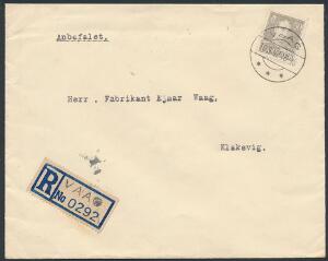 1947. Chr. X, 50 øre, grå. Single på REC-brev fra VAAG 15.9.47 til Klaksvig. ENGELSK R-ETIKET med håndstempel VAAG No. 0292. Meget sjældent