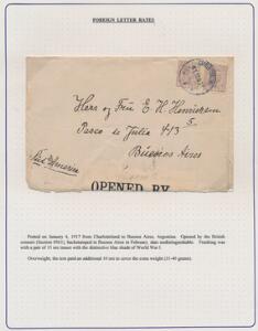1913. Chr. X, 15 øre matlilla. Parstykke på censurbrev fra Charlottenlund 4.1.17 til BUENOS AIRES. Usædvanlig forsendelse