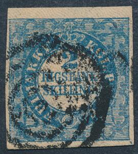 1851. 2 RBS Ferslew, blå. Pl. II, nr. 61. Type 3. Pænt stemplet eksemplar. Attest Kaiser