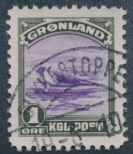 1945. 1 øre, grønviolet. PRAGT-stemplet. Sjældent på denne udgave